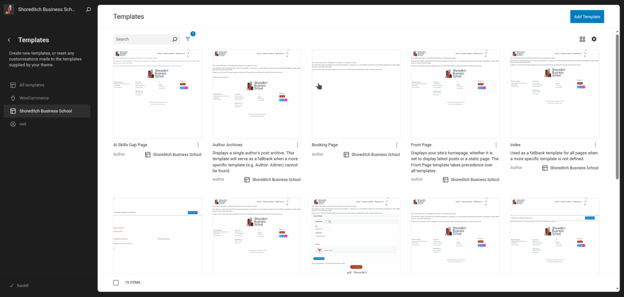 All templates screen in the full site editor