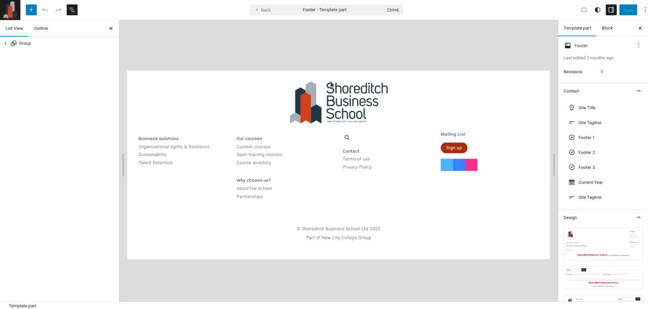 Editing footer template part